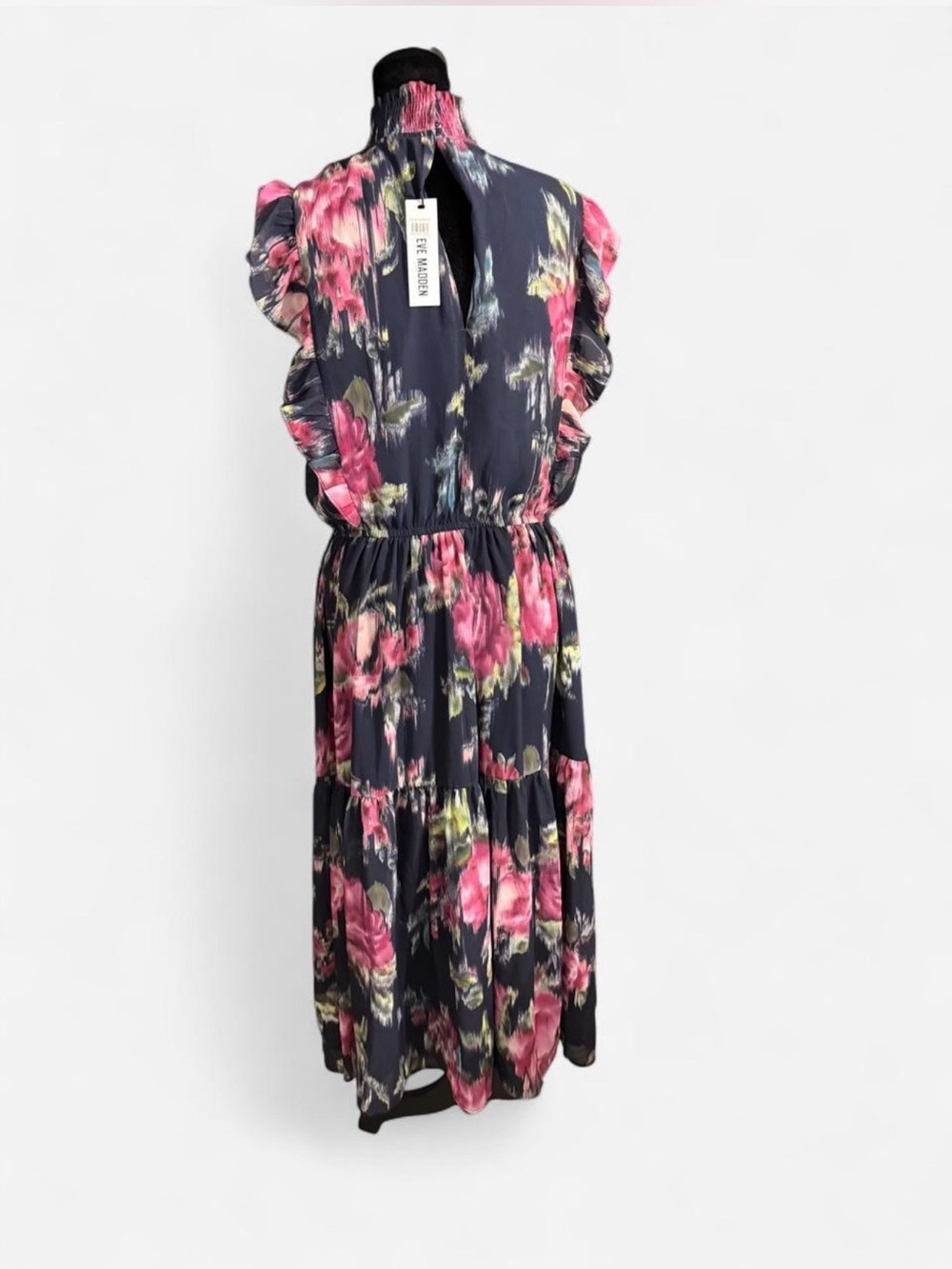 NWT Eve Madden Navy Floral Smocked Mock Neck Ruffle Sleeve Maxi Dress XL - Picture 4 of 8